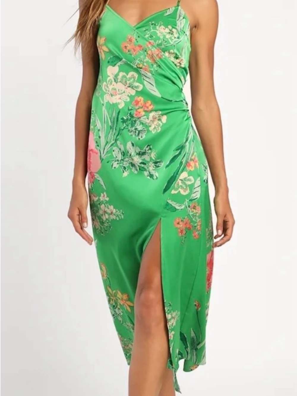 Lulu's Green Floral Slip Midi Dress with Pink & Orange Blooms